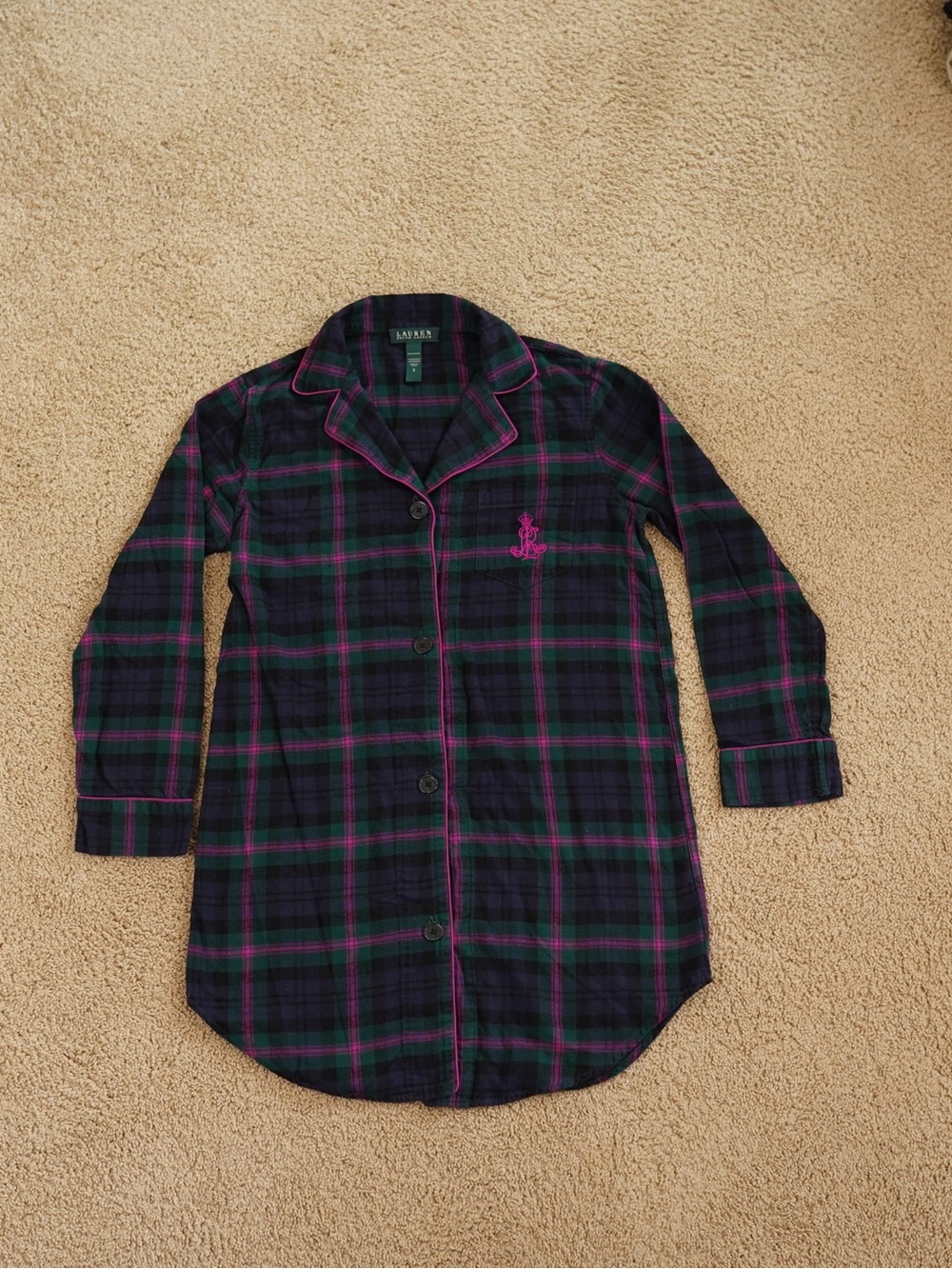 Ralph Lauren Green Navy Plaid Shirt with Purple Accents